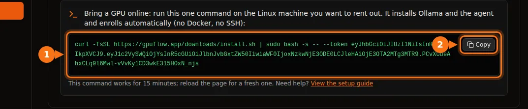 My Machines: the command box and its Copy button highlighted