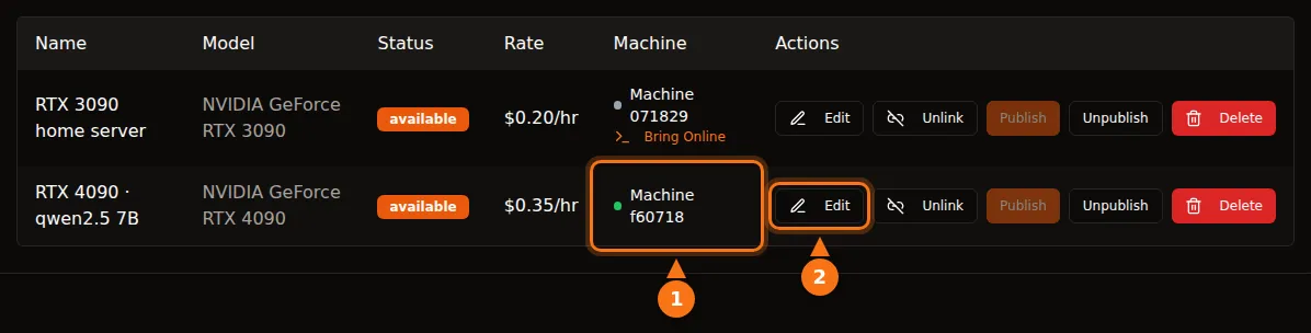 My GPUs: a listing with its machine online and the Edit button highlighted
