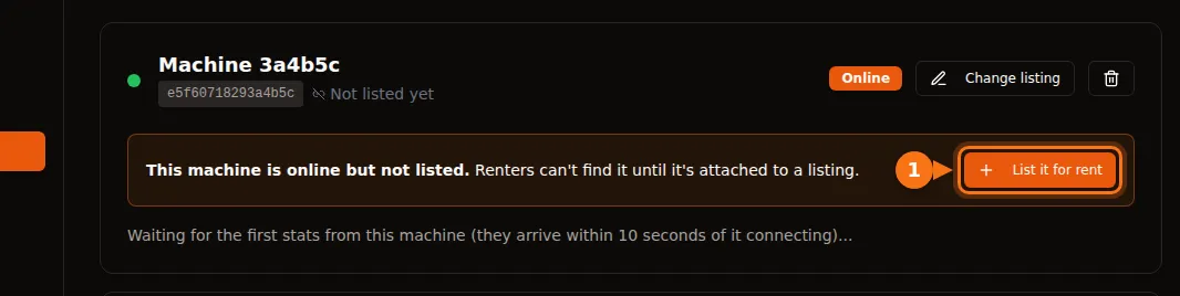A machine card that is online but not listed, with the List it for rent button highlighted